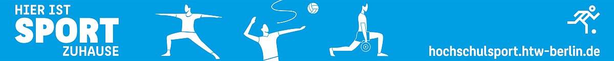 Grafik: Blauer Hintergrund mit weißen Figuren, die Sport treiben, und weißer Schrift "Hier ist Sport zu Hause" Grafik: Blauer Hintergrund mit weißen Figuren, die Sport treiben, und weißer Schrift "Hier ist Sport zu Hause"