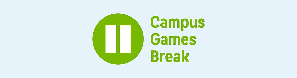 Illustration mit grünem Pausensymbol und der Aufschrift „Campus Games Break“ auf hellgrauem Hintergrund Illustration mit grünem Pausensymbol und der Aufschrift „Campus Games Break“ auf hellgrauem Hintergrund